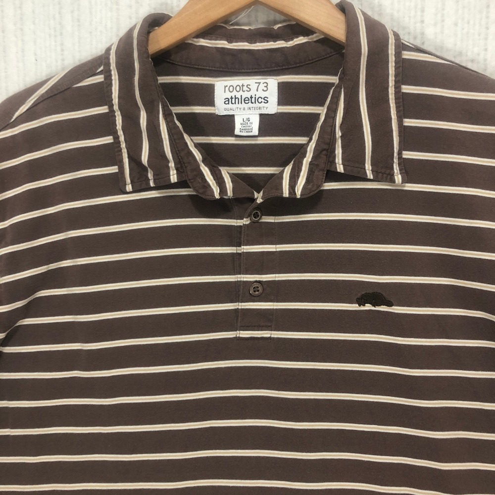 Roots 73 Athletics Mens Large Brown Striped Cotton Short Sleeve Polo Shirt L/G